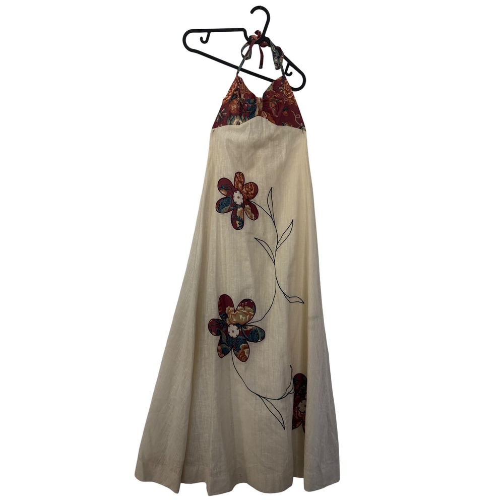 Vintage Joseph Magnin Floral Halter Maxi Dress Cream Burgundy 70s Boho 5/6